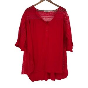 Southern Stitch Blouse/Top Red Lace XXL Sheer Fairy Boho Holiday Party Bell